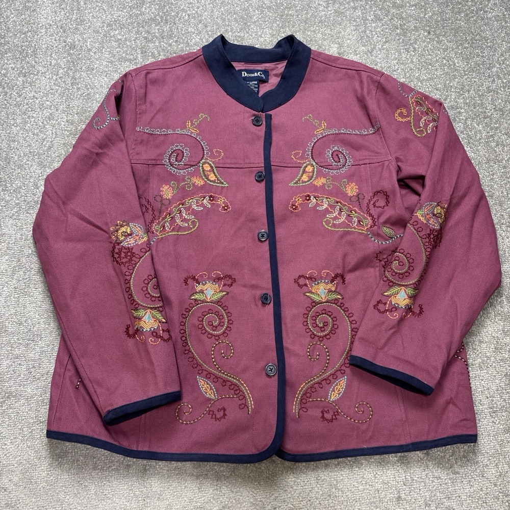 Vintage 90's Women's XL Embroidered Floral Jacket Purple Denim & Co Cotton